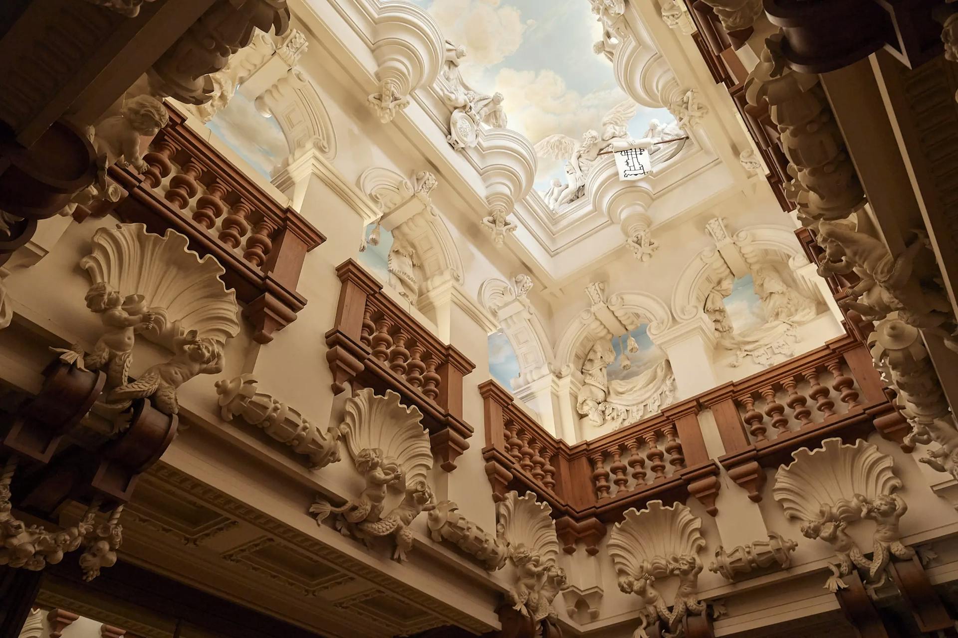 The ceiling of the Cedar Staircase as Harlaxton Manor.